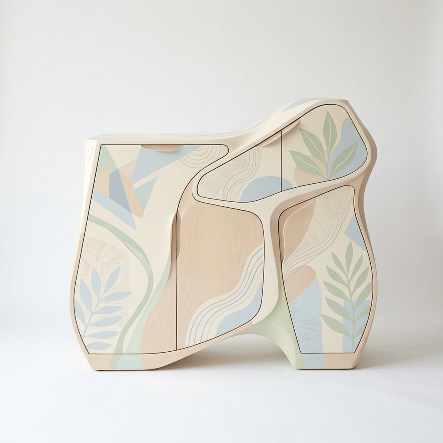 Modern Sculptural Storage Cabinet – Curved Silhouette with Pastel Botanical Panels