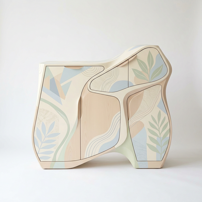 Modern Sculptural Storage Cabinet – Curved Silhouette with Pastel Botanical Panels