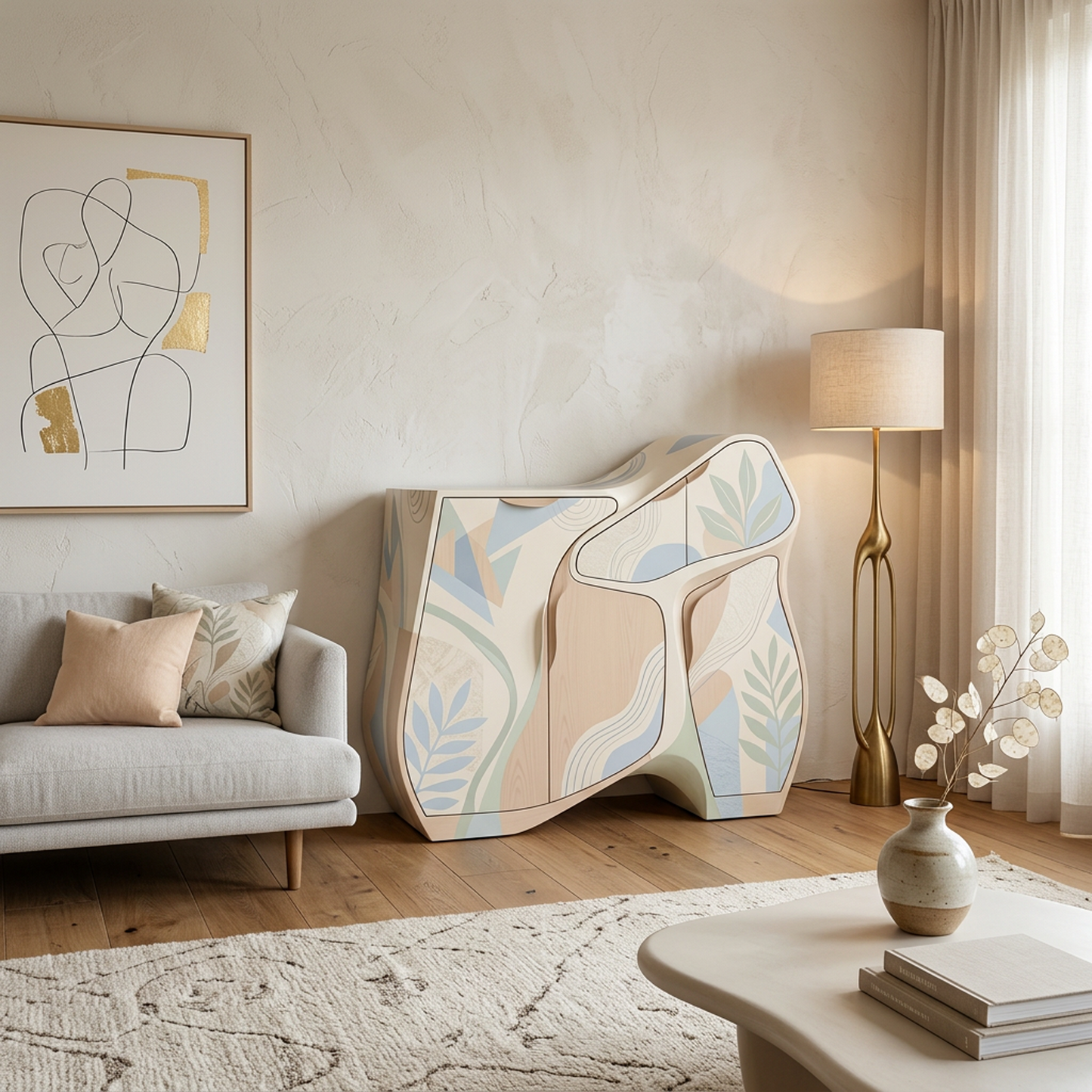 Modern Sculptural Storage Cabinet – Curved Silhouette with Pastel Botanical Panels