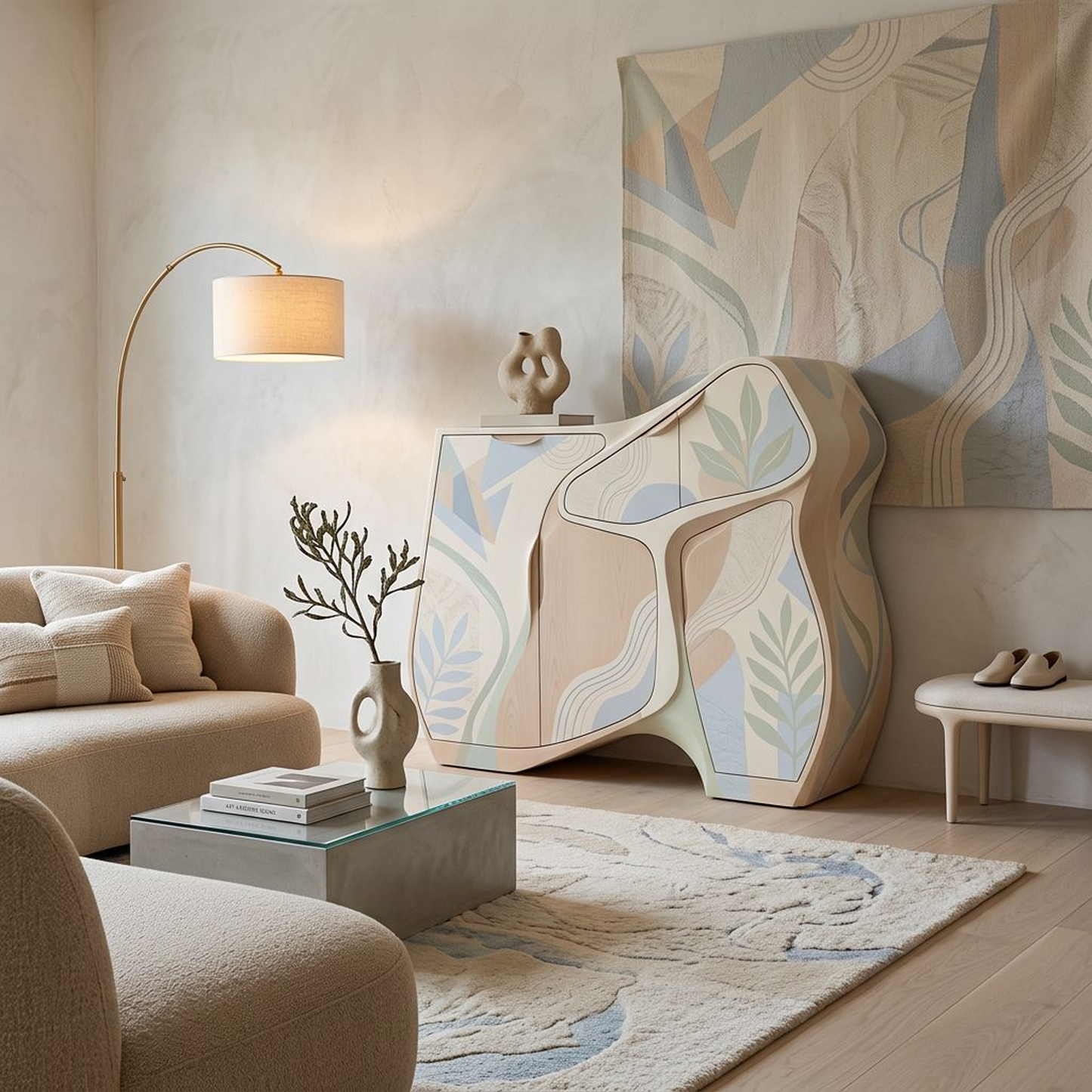 Modern Sculptural Storage Cabinet – Curved Silhouette with Pastel Botanical Panels