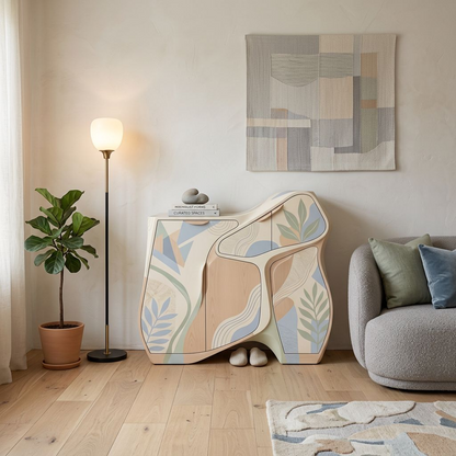Modern Sculptural Storage Cabinet – Curved Silhouette with Pastel Botanical Panels