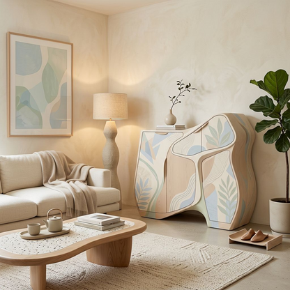 Modern Sculptural Storage Cabinet – Curved Silhouette with Pastel Botanical Panels